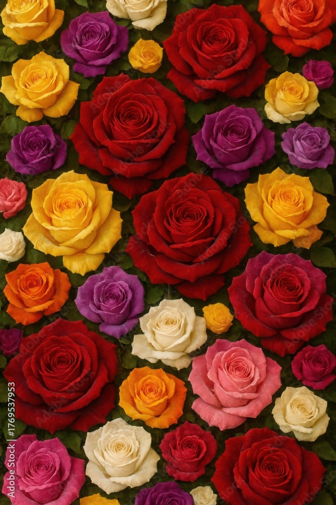 Naklejka premium Vibrant Multicolored Roses Blooming in Full Frame Floral Pattern
