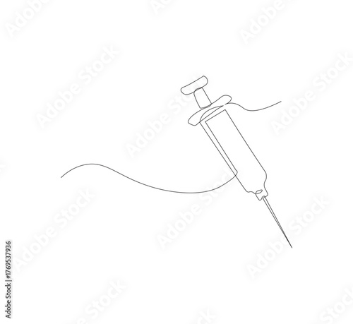 Continuous one line drawing of a syringe.white background, Illustration of a single line drawing of a medical syringe. Medical health, anti virus concept in one line. Editable outline