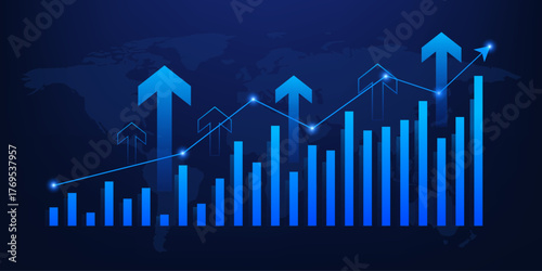 Business arrow up growth Investment technologies, finance and investment profit growth on map technology. Trading stock increase on blue background. Fantastic hi-tech design. Vector illustration