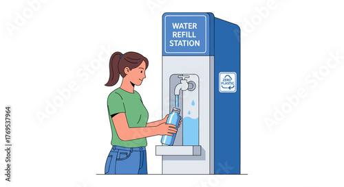 Woman refilling bottle at water station promoting eco-friendly habits