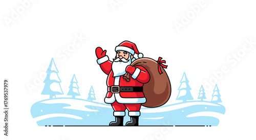 Cheerful santa waving with gift sack in snowy landscape