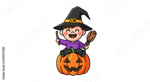 Cute halloween witch on pumpkin with broom