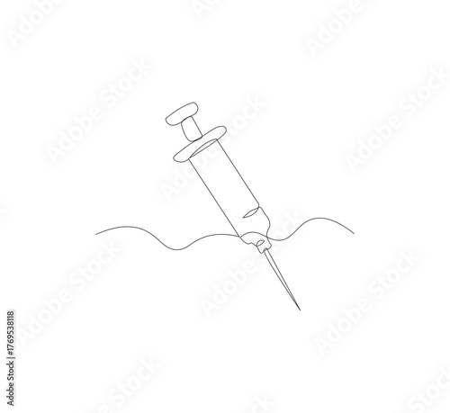 Continuous one line drawing of a syringe.white background, Illustration of a single line drawing of a medical syringe. Medical health, anti virus concept in one line. Editable outline
