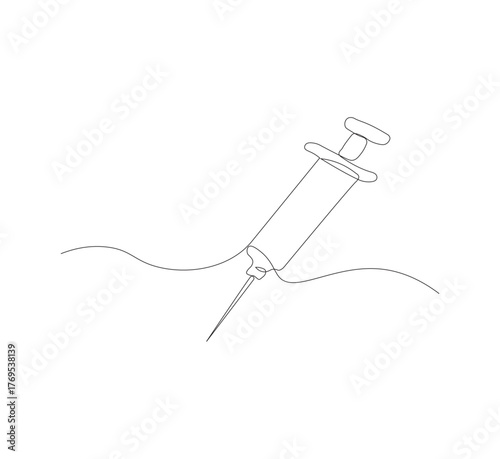 Continuous one line drawing of a syringe.white background, Illustration of a single line drawing of a medical syringe. Medical health, anti virus concept in one line. Editable outline