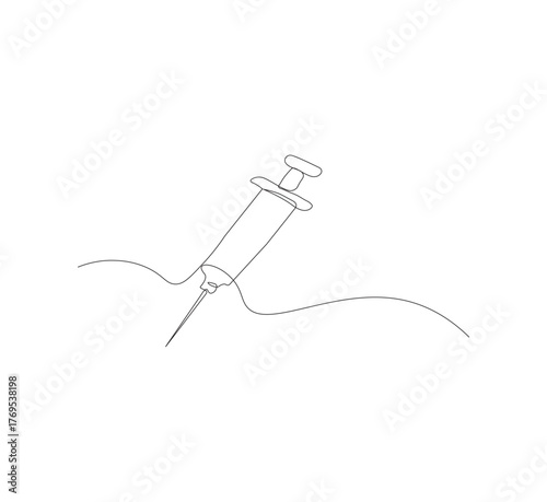 Continuous one line drawing of a syringe.white background, Illustration of a single line drawing of a medical syringe. Medical health, anti virus concept in one line. Editable outline