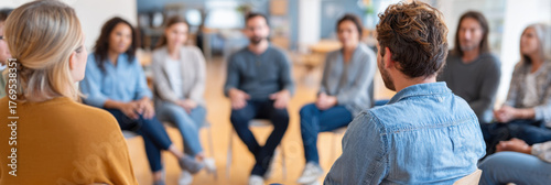 Support group meeting with diverse people sitting in circle sharing experiences and offering emotional support in community center