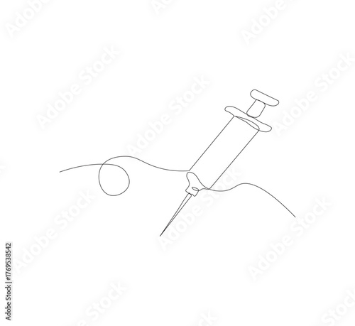 Continuous one line drawing of a syringe.white background, Illustration of a single line drawing of a medical syringe. Medical health, anti virus concept in one line. Editable outline