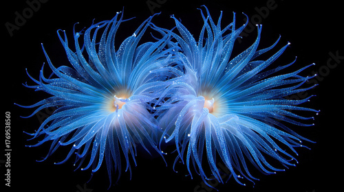 Bioluminescent sea anemone glowing blue with delicate tentacles in dark underwater environment creating mysterious and magical effect