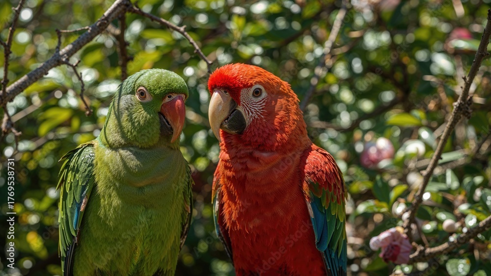 Obraz premium Green parrot and red parrot