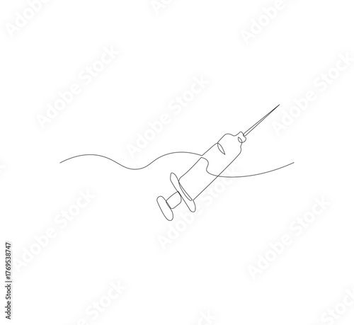 Continuous one line drawing of a syringe.white background, Illustration of a single line drawing of a medical syringe. Medical health, anti virus concept in one line. Editable outline