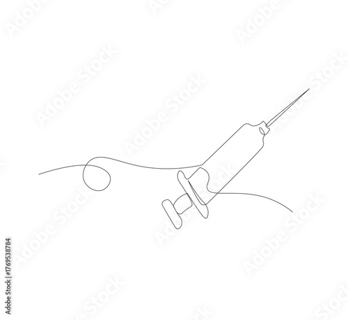 Continuous one line drawing of a syringe.white background, Illustration of a single line drawing of a medical syringe. Medical health, anti virus concept in one line. Editable outline