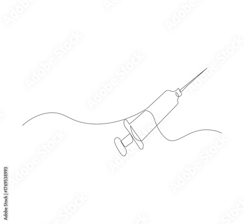 Continuous one line drawing of a syringe.white background, Illustration of a single line drawing of a medical syringe. Medical health, anti virus concept in one line. Editable outline
