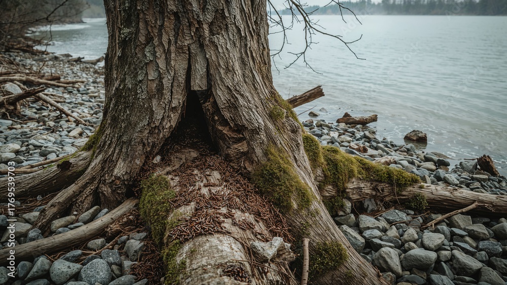 Fototapeta premium Termites devour tree trunk by shore following river ice break.