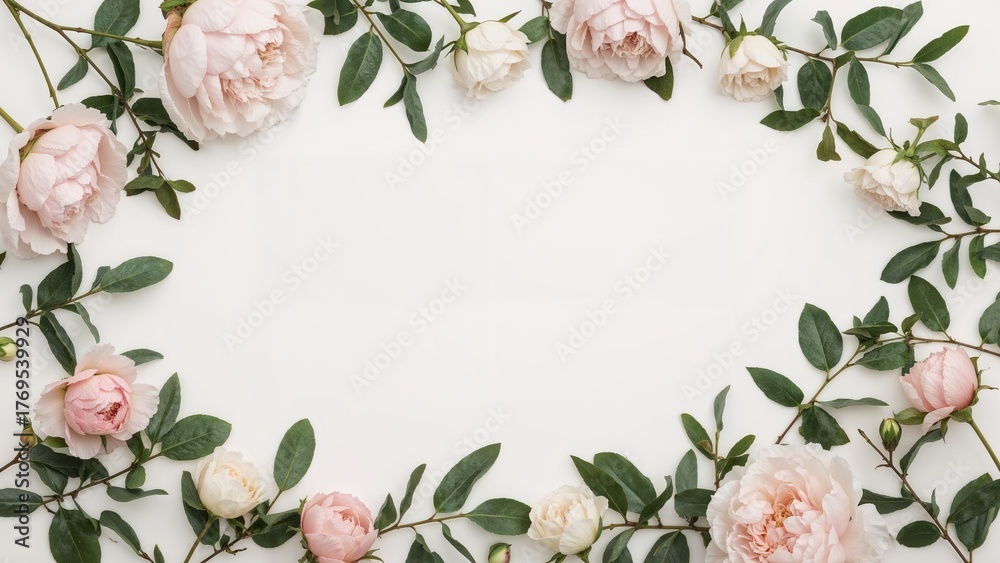Naklejka premium Beautiful light gentle floral arrangement with pink and white flowers and green leaves, flat lay, copy space, top view