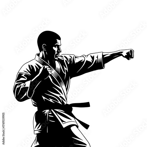 Silhouette of a karate athlete with a white background