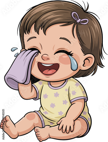 Cartoon baby girl crying wiping eyes with purple cloth tears 1