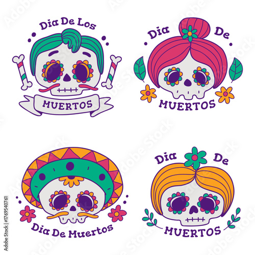 Hand drawn Dia De Muertos Badge Collection
