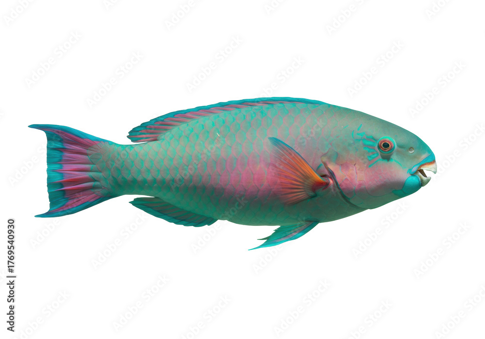 Fototapeta premium Isolated colorful parrotfish swimming, an aquatic marine animal found in tropical oceans