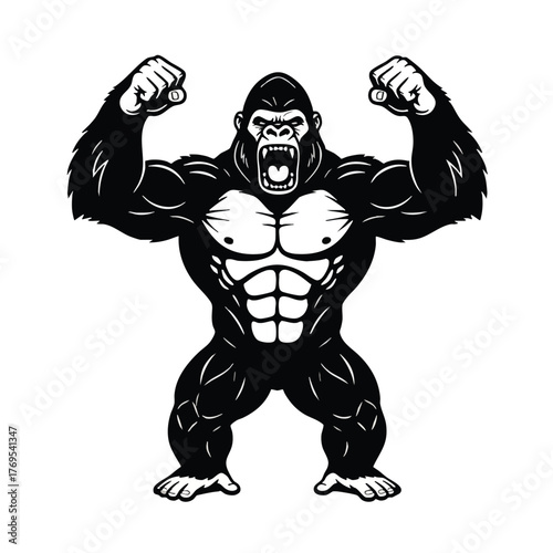 Mighty muscular gorilla mascot illustration roaring and flexing its bicep a symbol of raw power and primal strength