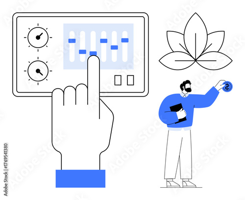 Hand adjusting control panel sliders, person holding tablet presenting a sustainable innovation, eco-leaf outline. Ideal for sustainability, innovation, technology, ecology, management