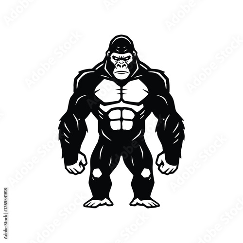 Powerful black and white graphic illustration of a mighty silverback gorilla mascot design vector art