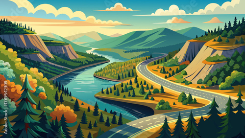 Very beautiful aerial drone view of a winding road along the Delaware River among the mountains in the Poconos, Pennsylvania, USA, showing lush forests, natural scenery, and peaceful wilderness.