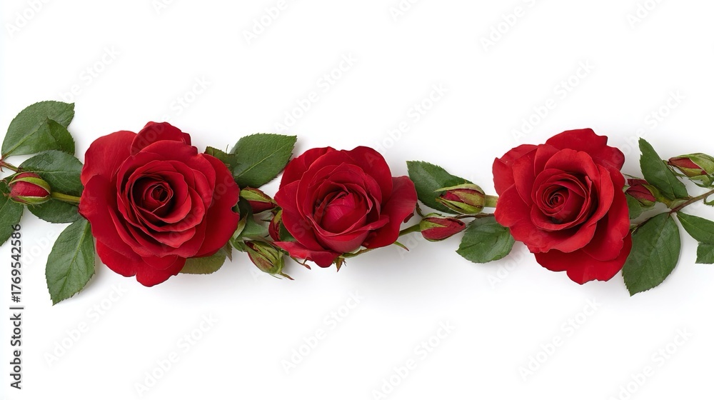 Fototapeta premium Composizione lineare di tre rose rosse sbocciate, insieme a boccioli, foglie verdi e steli, disposte su uno sfondo bianco pulito.