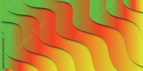 Abstract flowing wavy gradient background with smooth curves and soft shadows in green yellow and red hues creating a dynamic visual effect