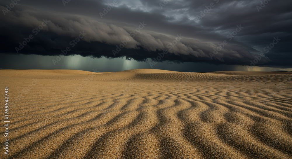 Naklejka premium Dramatic dark storm clouds rolling over vast desert dunes with textured sand patterns under turbulent sky at sunset