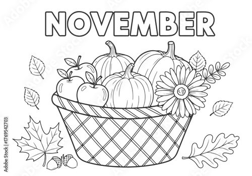 Autumn Harvest Basket Coloring Page A delightful November illustration for kids and adults, featuring pumpkins, apples, and fall leaves for creative seasonal fun