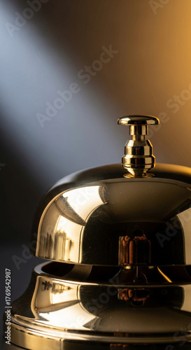 Brass desk bell with shiny golden finish and reflections, classic service bell for hotel and reception design
