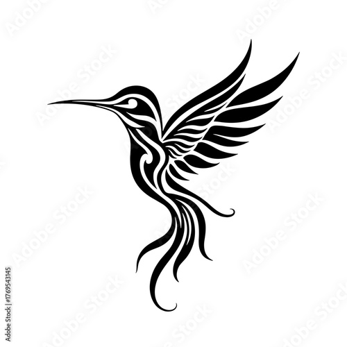 Hummingbird tattoo design with tribal elements in black ink  