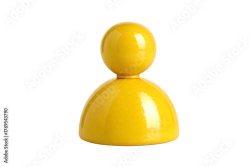 A single bright yellow pawn game piece isolated on a stark black background