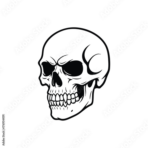 Menacing Human Skull Illustration Black and White Vector Art Graphic Design Element Isolated