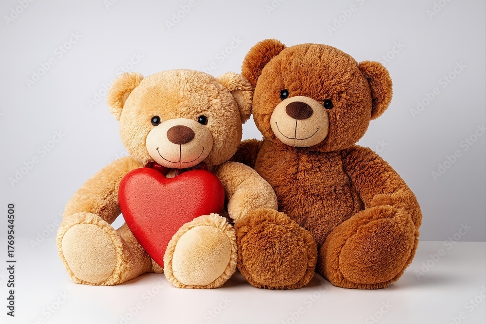 Fototapeta premium Two adorable teddy bears with a red heart