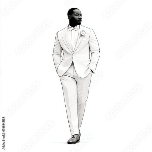 Elegant Black man, confident and stylish, walking in a white suit against a white background