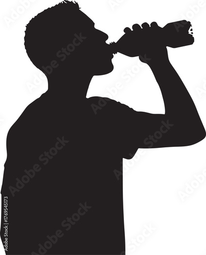 Silhouette of a man drinking from a plastic bottle intensely