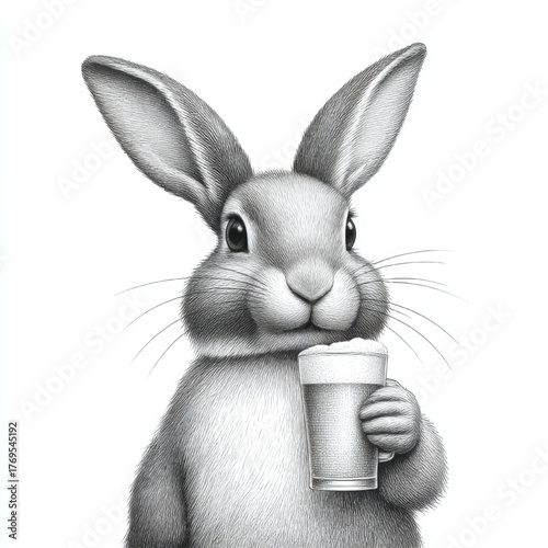 Cute rabbit holding a glass of beer, calm and friendly, a monochrome sketch portrait against a white background