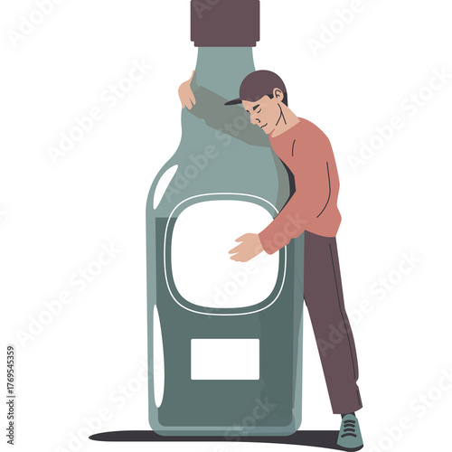 Man In Casual Outfit Fondly Hugging A Giant Green Bottle With Blank Label And Cap Against A White Background With Subtle Shadow Detail