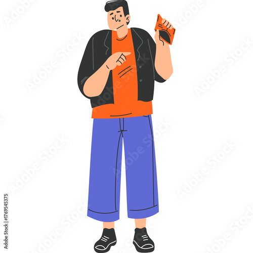 Man In Casual Orange Shirt Black Jacket And Blue Pants Holding Small Orange Box Isolated On White Background