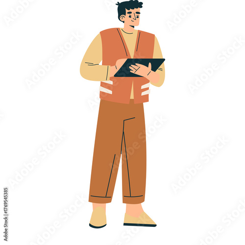 Man In Casual Outfit Holding A Digital Tablet Device While Standing On Transparent Background