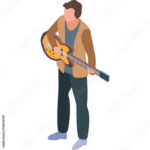 Man in Casual Outfit Playing Electric Guitar With Brown Cardigan and Dark Pants Isolated on White Background.