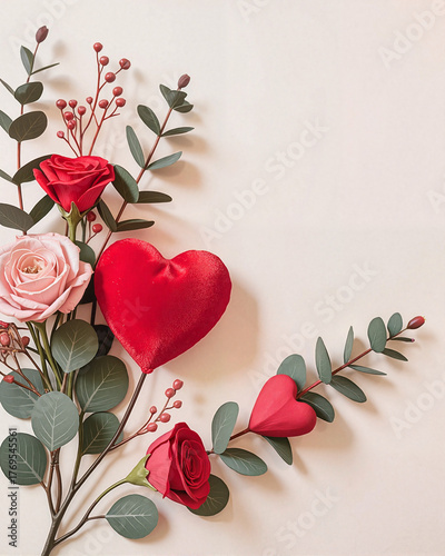 Red and pink flowers with hearts on soft background  