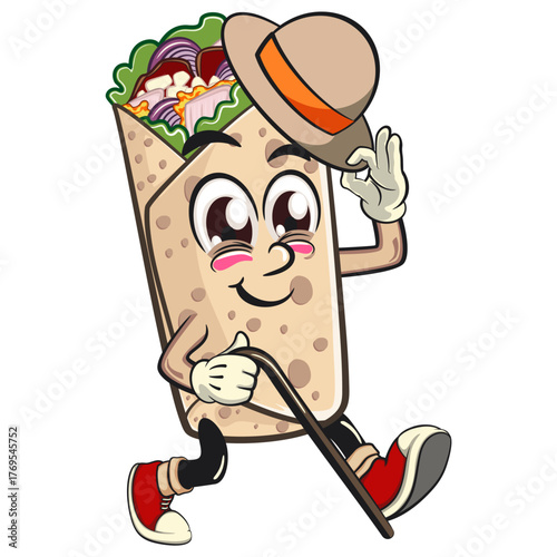 cute burrito mascot cartoon vector illustration mexican wrap character walk with a stick and saluting with raised hat, funny design isolated for logo, menu, and kids concept, work of hand drawn