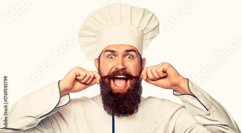 Funny chef with beard cook. Beard man and moustache wearing bib apron. Bearded chef, cooks or baker. Bearded male chefs isolated on white