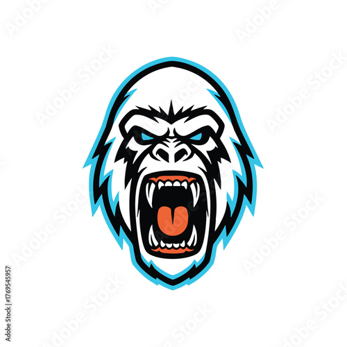 Furious white gorilla head mascot illustration with fierce expression and blue outline a powerful emblem