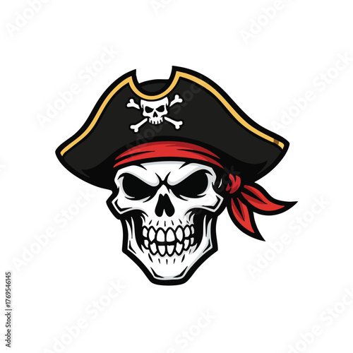 Iconic pirate skull wearing a classic tricorn hat and red bandana a symbol of adventure