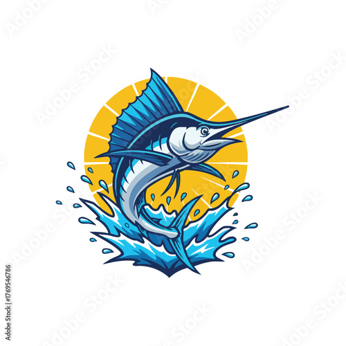 Dynamic blue marlin jumping out of ocean waves with a vibrant yellow sun background a captivating vector illustration of an ocean fish