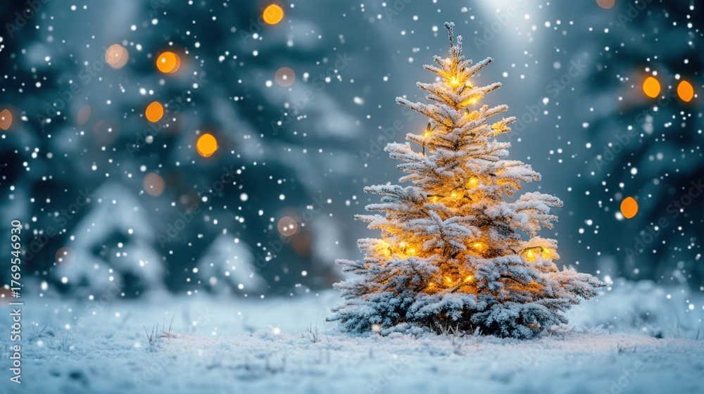 Naklejka premium A Christmas tree is lit up in the snow. The tree is surrounded by snow and is the only object in the image. The scene is peaceful and serene, with the snow creating a beautiful and calming atmosphere