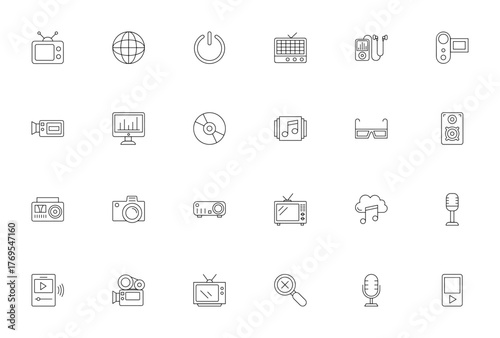 Podcast icon set. Minimal vector icons pack. Include symbols for television, rdio, mic, music player, reording, video camera, digial media and more.